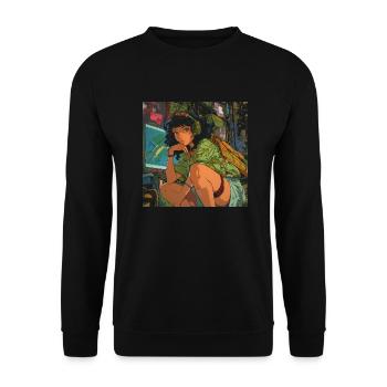 80er Jahre Anime Teen Beruhigender Hochwertiger Modedruck - Unisex Pullover - Schwarz - Vorne - Alina (178cm) & Michal (187cm)