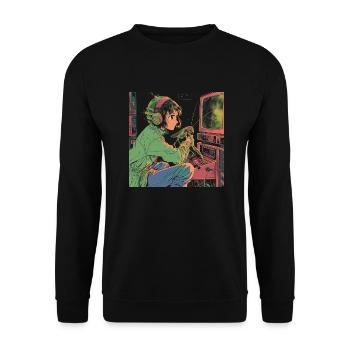 80er Jahre Anime Teen Beruhigender Hochwertiger Modedruck - Unisex Pullover - Schwarz - Vorne - Alina (178cm) & Michal (187cm)