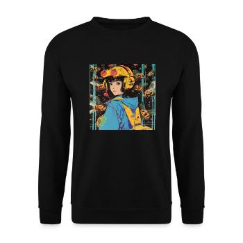 80er Jahre Anime Teen Beruhigender Hochwertiger Modedruck - Unisex Pullover - Schwarz - Vorne - Alina (178cm) & Michal (187cm)