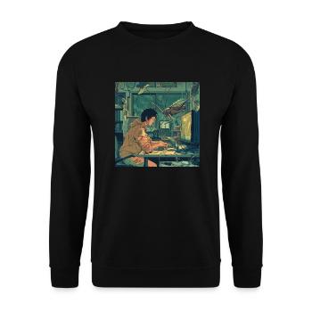 80er Jahre Anime Teen Beruhigender Hochwertiger Modedruck - Unisex Pullover - Schwarz - Vorne - Alina (178cm) & Michal (187cm)