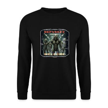 Out of Space - Refugees Welcome Design - Version5 - Unisex Pullover - Schwarz - Vorne - Alina (178cm) & Michal (187cm)