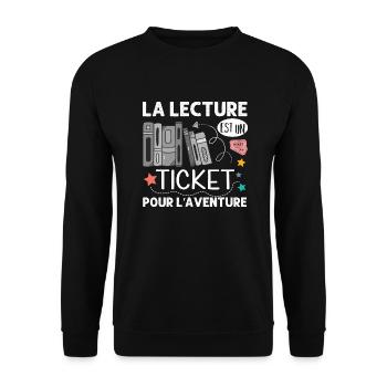 La lecture est un ticket pour l' aventure livre - Sweat-shirt Unisexe - noir - Devant - Alina (178cm) & Michal (187cm)