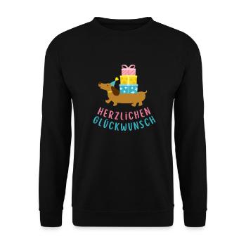 Geburtstagsgruß mit Dackel Motiv - Unisex Pullover - Schwarz - Vorne - Alina (178cm) & Michal (187cm)