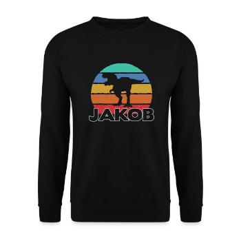 JAKOB - Schöner Jungen Name mit Dinosaurier - Unisex Pullover - Schwarz - Vorne - Alina (178cm) & Michal (187cm)