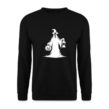 Unheimliches Halloween Gespenst mit Kürbislampe - Unisex Pullover - Schwarz - Vorne - Alina (178cm) & Michal (187cm)