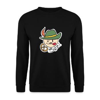 Bayrischer Charme: Mit Hut, Feder und Breze - Unisex Pullover - Schwarz - Vorne - Alina (178cm) & Michal (187cm)