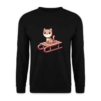 Katze auf einem Schlitten - Unisex Pullover - Schwarz - Vorne - Alina (178cm) & Michal (187cm)