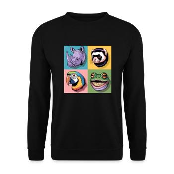 Popart bunt Nashorn Mader Papagei Frosch blau grün - Unisex Pullover - Schwarz - Vorne - Alina (178cm) & Michal (187cm)