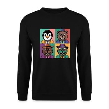 Pop-art cool Pinguin Bär Biber Salamander bunt - Unisex Pullover - Schwarz - Vorne - Alina (178cm) & Michal (187cm)