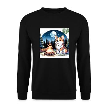 Corgi am Lagerfeuer in der Nacht - Unisex Pullover - Schwarz - Vorne - Alina (178cm) & Michal (187cm)