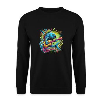 Singender Fisch mit Gitarre - Unisex Pullover - Schwarz - Vorne - Alina (178cm) & Michal (187cm)