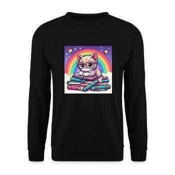 Süße Katze liest Bücher unter dem Regenbogen - Unisex Pullover - Schwarz - Vorne - Alina (178cm) & Michal (187cm)
