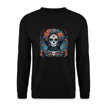 Santa Muerte Schädel Frau Design - Unisex Pullover - Schwarz - Vorne - Alina (178cm) & Michal (187cm)