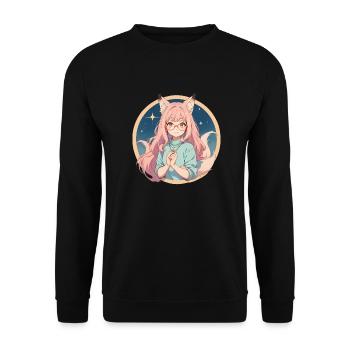 Fox Girl: Verzauberter Charme im Anime-Stil - Unisex Pullover - Schwarz - Vorne - Alina (178cm) & Michal (187cm)
