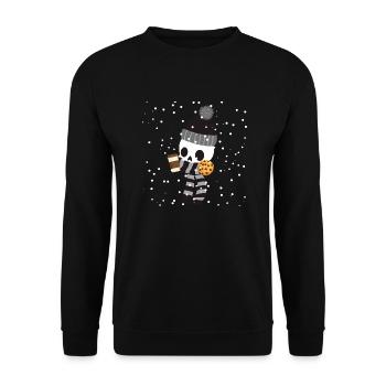Shivering skeleton with coffee and cookie in snow - Unisex Sweatshirt - black - Front - Alina (178cm) & Michal (187cm)