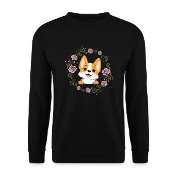 Peeking happy Corgi dog in floral wreath - Unisex Sweatshirt - black - Front - Alina (178cm) & Michal (187cm)