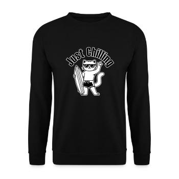 Surfende Katze - "Just Chilling" Design - Unisex Pullover - Schwarz - Vorne - Alina (178cm) & Michal (187cm)