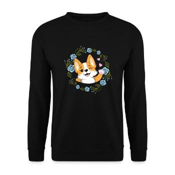 Agitant un chien Corgi heureux dans une couronne de fleurs - Sweat-shirt Unisexe - noir - Devant - Alina (178cm) & Michal (187cm)