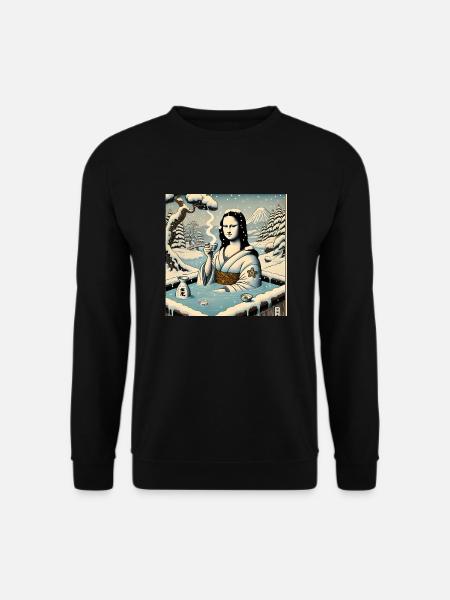 Mona Lisa trinkt Sake im Onsen - Unisex Pullover - Schwarz