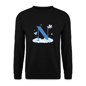 Buchstabe n Blaue Wolken Flugzeug Kind - Unisex Pullover - Schwarz - Vorne - Alina (178cm) & Michal (187cm)