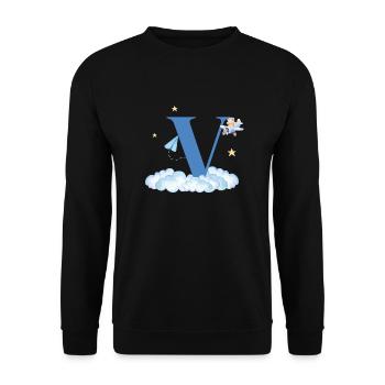 Buchstabe V Blaue Wolken Flugzeug Kind - Unisex Pullover - Schwarz - Vorne - Alina (178cm) & Michal (187cm)