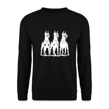 Drei schlaue wachsame Dobermänner Hunde - Unisex Pullover - Schwarz - Vorne - Alina (178cm) & Michal (187cm)