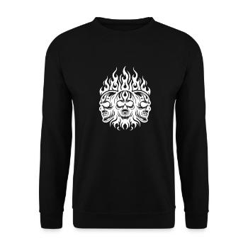 Drei Biker Schädel Tattoo Tribal Flammen Style - Unisex Pullover - Schwarz - Vorne - Alina (178cm) & Michal (187cm)