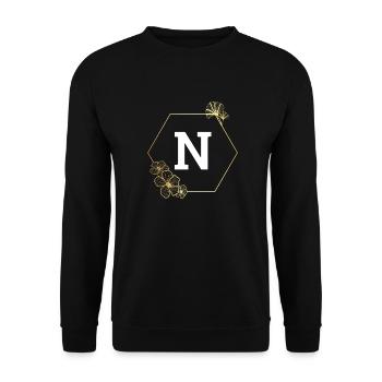 Buchstabe n Goldener Blumenrahmen - Unisex Pullover - Schwarz - Vorne - Alina (178cm) & Michal (187cm)