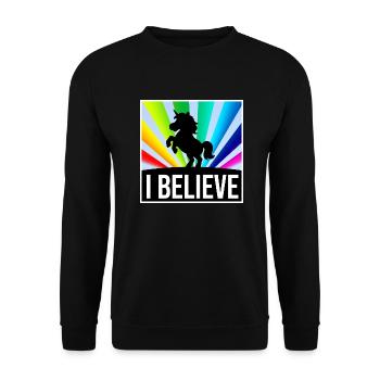 I BELIEVE Einhorn vor leuchtenden Regenbogenstrahl - Unisex Pullover - Schwarz - Vorne - Alina (178cm) & Michal (187cm)