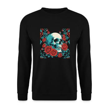 Retro Totenkopf mit roten Rosen Design - Unisex Pullover - Schwarz - Vorne - Alina (178cm) & Michal (187cm)