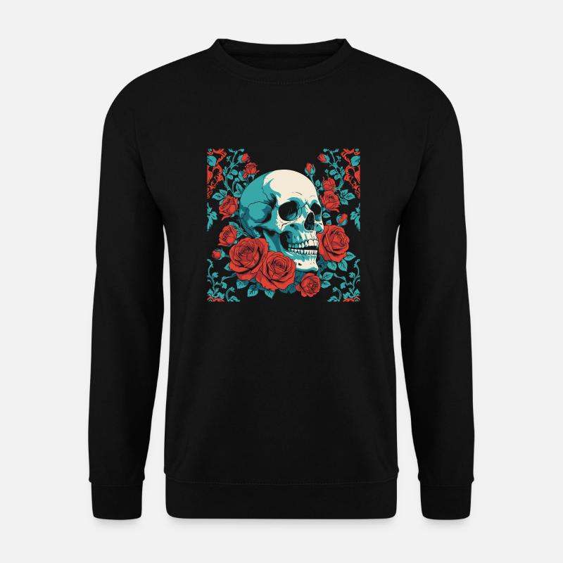 Retro Totenkopf mit roten Rosen Design - Unisex Pullover - Schwarz