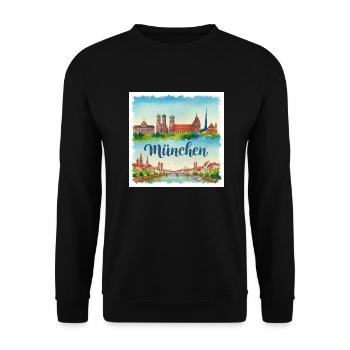 München Aquarell - Unisex Pullover - Schwarz - Vorne - Alina (178cm) & Michal (187cm)