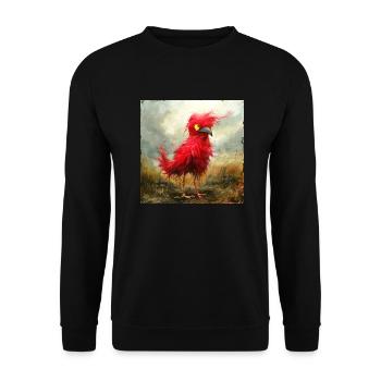 small red tousled bird with yellow eyes - Unisex Sweatshirt - black - Front - Alina (178cm) & Michal (187cm)
