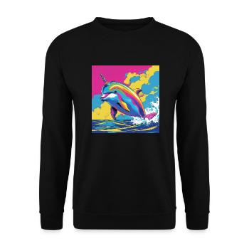 Pop Art Regenbogen Einhorn Delfin - Unisex Pullover - Schwarz - Vorne - Alina (178cm) & Michal (187cm)