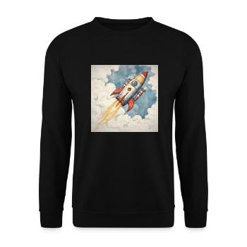 Rakete startet in den blauen Himmel durch Wolken. - Unisex Pullover - Schwarz - Vorne - Alina (178cm) & Michal (187cm)