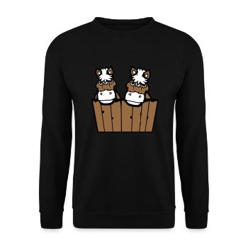 2 chevaux cachés derrière une clôture mur en bois porte d’écurie - Sweat-shirt Unisexe - noir - Devant - Alina (178cm) & Michal (187cm)