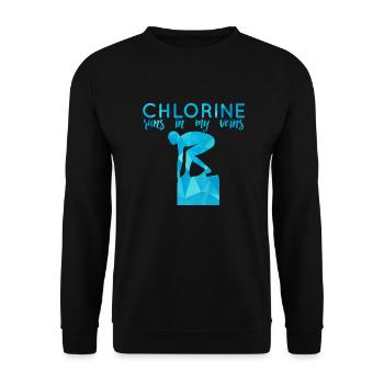 Schwimmen / Schwimmer: Chlorine runs in my veins - Unisex Pullover - Schwarz - Vorne - Alina (178cm) & Michal (187cm)