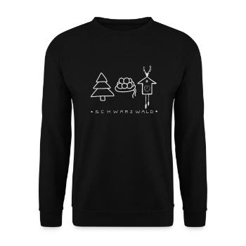 Schwarzwald mit Tannenbaum, Bollenhut und Uhr - Unisex Pullover - Schwarz - Vorne - Alina (178cm) & Michal (187cm)