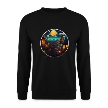 Abendliches Bergdorf Fantasie Unterbewußtsein - Unisex Pullover - Schwarz - Vorne - Alina (178cm) & Michal (187cm)