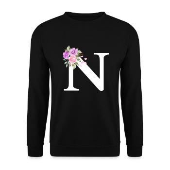 Lila Blumenbuchstabe n - Unisex Pullover - Schwarz - Vorne - Alina (178cm) & Michal (187cm)