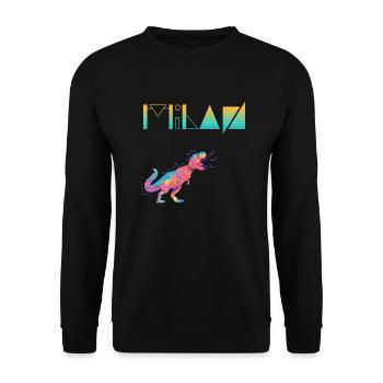MILAN - Schöner Jungen Name mit Dinosaurier - Unisex Pullover - Schwarz - Vorne - Alina (178cm) & Michal (187cm)