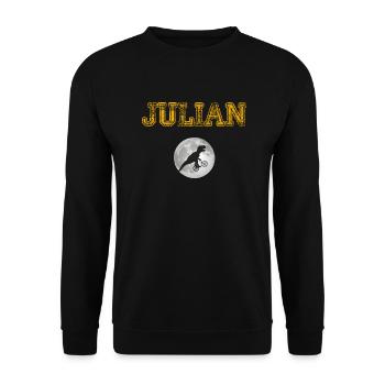JULIAN - Schöner Jungen Name mit Dinosaurier - Unisex Pullover - Schwarz - Vorne - Alina (178cm) & Michal (187cm)