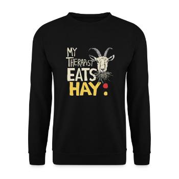 Ziegen-Humor – Mein Therapeut frisst Heu - Unisex Pullover - Schwarz - Vorne - Alina (178cm) & Michal (187cm)