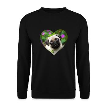 Lustiger Mops Welpe Hund Foto Porträt mit Herz - Unisex Pullover - Schwarz - Vorne - Alina (178cm) & Michal (187cm)