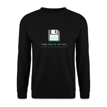 Floppy disks are like Jesus - Nerd, Gamer - Unisex Pullover - Schwarz - Vorne - Alina (178cm) & Michal (187cm)