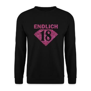 Endlich 18 Spruch Pink Glitzer - Unisex Pullover - Schwarz - Vorne - Alina (178cm) & Michal (187cm)