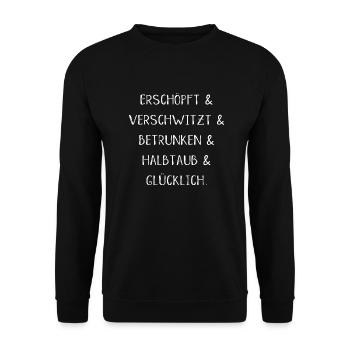 Festival Konzert betrunken Spaß Schrift - Unisex Pullover - Schwarz - Vorne - Alina (178cm) & Michal (187cm)