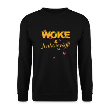 Selbstironie: WOKE & linksversifft - Unisex Pullover - Schwarz - Vorne - Alina (178cm) & Michal (187cm)