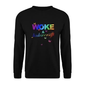 Selbstironie: WOKE & linksversifft - Unisex Pullover - Schwarz - Vorne - Alina (178cm) & Michal (187cm)