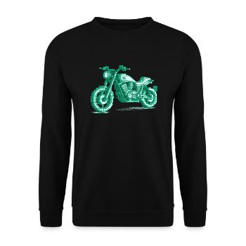 Retro Motorrad in 8 Bit in der Farbe grün - Unisex Pullover - Schwarz - Vorne - Alina (178cm) & Michal (187cm)